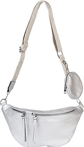 styleBREAKER Damen Halbmond Crossbody Schultertaschen Set 3-Teilig, Schultergurt mit Muster, Schlüsselanhänger, Börse 02012398, Farbe:Silber