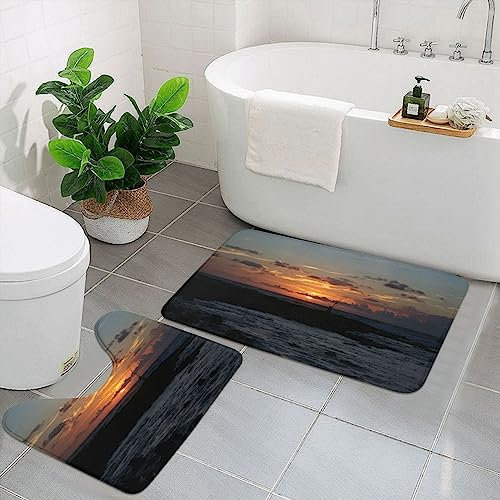 BAFAFA Ocean Cliff Sunset Bedrucktes Badezimmerteppich Badematten Set 2 Stück weiche Flanell Duschmatten rutschfeste Badteppich U-förmige WC-Matte für Badezimmer Badewanne Dusche