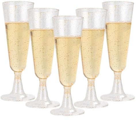 AKOLAFE Lot de 100 flûtes à champagne en plastique de 160 ml - Sans BPA - Réutilisables - Transparentes - Flûtes à champagne empilables pour mariages, anniversaires, fêtes (rose doré)