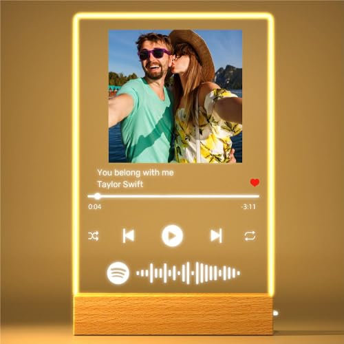 Rainsar Placa Spotify Foto Personalizada con Código Escaneable, Cuadro Spotify Personalizado Música Placa con Luz de Noche, Regalo Placas Conmemorativas Aniversario Spotify