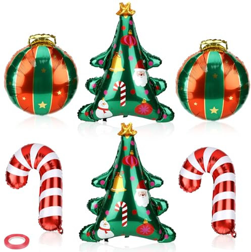 6 Piezas Globos de Papel de Aluminio, Globos de Navidad con bola colgante Bastón de Navidad Árbol de Navidad Globos Cinta Paja Decoraciones de Fiesta de Cumpleaños de Navidad, 3 Estilos