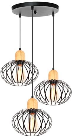 PETITES ECREVISSES 3 flammige Pendelleuchten Industrielle, Hängeleuchte Vintage Deckenleuchte E27 Lampenschirm aus Metall und Holz Hängelampe Schwarz 22cm Für Schlafzimmer Wohnzimmer (A-Basis 30cm)