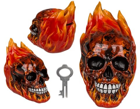 Spardose mit Schloss, Totenkopf mit Feuer, ca. 16 x 16 cm, aus Polyresin Rot