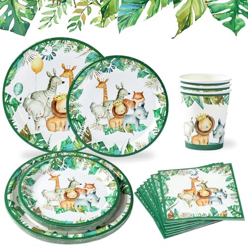 Jungle Safari Theme Tableware Set for 24 Guests - 96pcs Boys' Party Disposable Green Paper Plates, Cups and Napkins Set for Safari Party Decorations