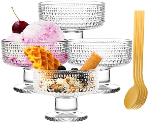 Quyimy Dessert Glasses Cups Set of 4, Ice Cream Bowls with Gold Spoon, Elegant Stemmed Glass Dessert Dishes, Vintage Cocktail Footed Ribbed Glass, Fruit Parfait Cups for Sundae, 7.5oz