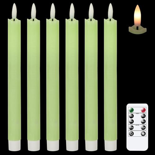 Eldnacele LED Stabkerzen mit Timerfunktion, flackernde Flamme LED Echtwachskerzen mit Fernbedienung, Grün Stabkerzen led 6 Stück (2 x 25CM) für Weihnachtsdeko, Zimmer Deko, Hochzeit und Party
