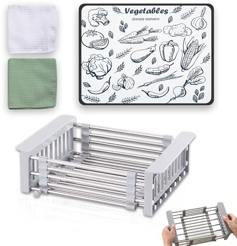 ASKHUN Escurridor de Platos para Fregadero-escurreplatos acero Inoxidable + Alfombrilla escurreplatos + 2 bayetas (bayetas Microfibra) Color Verde y Blanco. Escurreplatos MAS Funcional del Mercado.