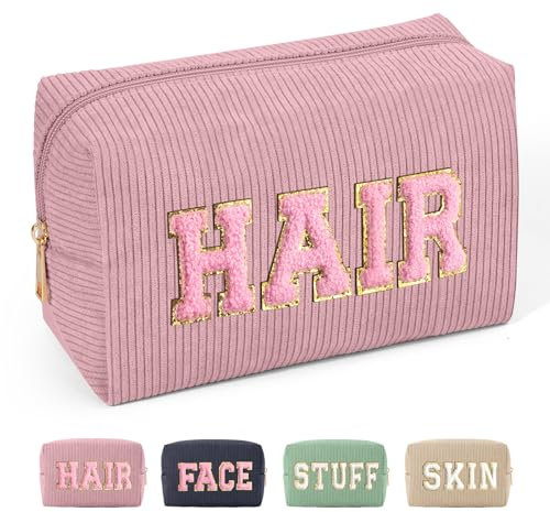 MAGEFY Cord Make up Tasche Chenille Letter Schminktasche Klein Kosmetiktasche mit Fächern Reise Kleine Make up Tasche für Handtasche, Rosa-Hair