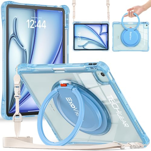 TECHGEAR ExoView Case for Apple iPad Air 13 M4 2026, M3 2025, /M2 2024, iPad Pro 12.9 2022 2021 6th/5th Generation Tough Rugged HEAVY DUTY Slim Clear Stand, 360 Ring Grip Hand Holder, Shoulder Strap
