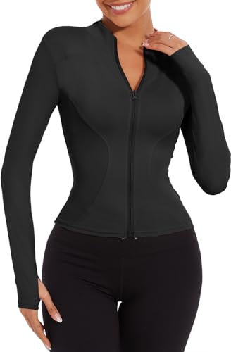 CheChury Gym Jackets for Women Running Jackets with Thumb Hole Long Sleeve Sport Top Breathable Quick-Dry Yoga Tops Slim Fit Workout Tops For Women UK,Black,XL