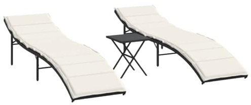 Makastle 2er-Set Gartenliege, Sonnenliege mit Kissen und Tisch, Wetterfest Verstellbar Rückenlehne Liegestuhl Garten Relaxliege, Schwarz Poly Rattan