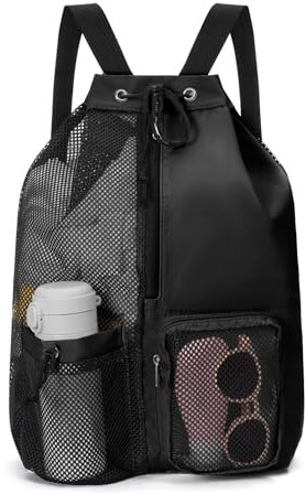 Cretosou Sac Piscine Résistant à l'Eau Sac Cordon Séparation Humide et Sèche, Sac de Sport en Maille Sac à Dos Sportif Pour La Natation, Sacs à Dos Pour Enfants Adultes Natation Gym Plage Sport (Noir)