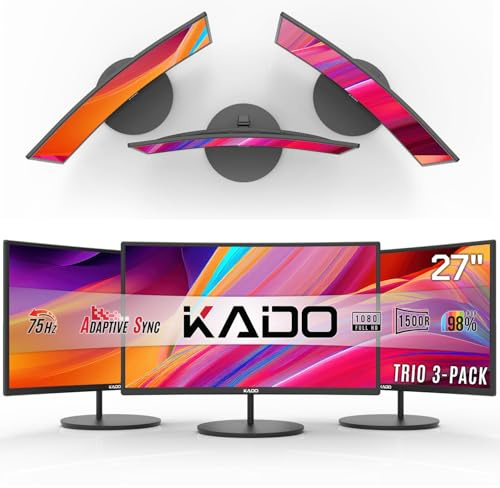 Kado Triple Monitor Setup - 3-Pack 27 Curved 1920x1080 Computer Monitor 1500R 75Hz VESA Mount HDMI Office Gaming Hybrid Built-in Speakers (C27X Trio Series)
