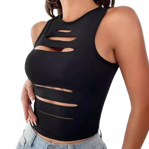GWAWG Schwarz Geschnittenes Ärmelloses Crop Top für Damen, Sexy Mesh Corset Top, Trendy Party Top und Tank Top, Perfekt für Sommer und Ausgehen