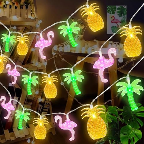Catena di Luci Tropicale Guirlande Luminose Estiva 20Led 3 Metri Tema Spiaggia Fairy Lights con Ananas, Palme, Fenicottero pour Interno Ed Esterno Festa Hawaiana