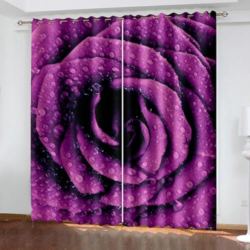 Bishilin Verdunklungsvorhänge mit Ösen, Vorhänge Blickdicht 2er Set 86x214CM Violett Blütenblätter mit Wassertropfen Gardinen Verdunklung Kinderzimmer Jugendzimmer