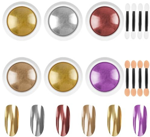 LOPHE Chrome Nail Powder, 6 Farben Gold Silber Chrom Nagelpulver, Aurora Pigment Nagel Pulver mit Spiegeleffekt, Nail Art Powder für DIY-Salon, 8 Applikatoren(B)