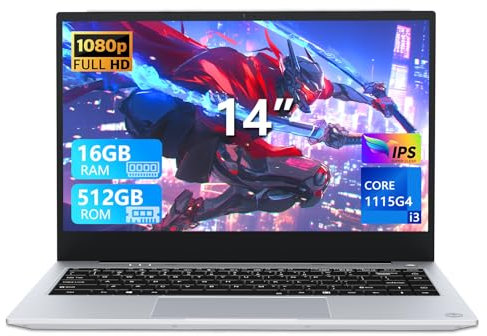 14.1 Pollici PC Portatile, Notebook Core i3-1115G4 Processor, Win 11 Notebook 16GB RAM 512GB SSD, Laptop con Type-C, USB3.2, Mini-HDMI, WiFi 6, FHD 1920 * 1080P Schermo, 7000mAh/7.6V Batteria