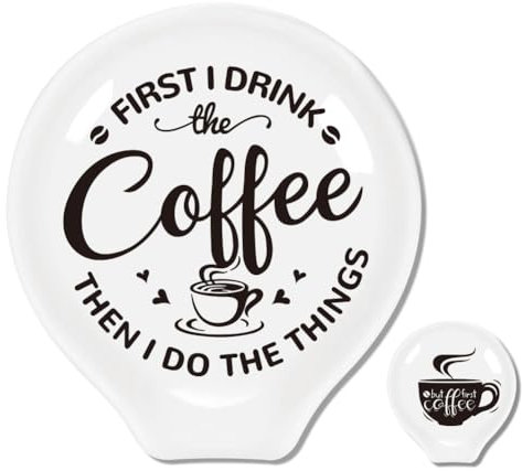 ANATTASOUL 2Pcs Ceramic Spoon Rest Coffee Pattern 3.34x3.54 Cute Spoon Holder, Heat Resistant Utensil Holder for Coffee Bar Decor Women Men