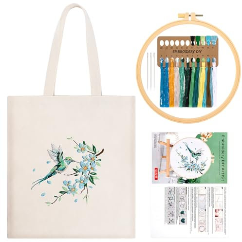 JSRQT Canvas Tasche Stickerei Set für Anfänger Erwachsene, Gestempeltes Kreuzstich Starterset mit Kolibri Blumen, Tote Bag Handgefertigtes Stickset mit Werkzeug, Anleitung, Nadel und Faden, Beige