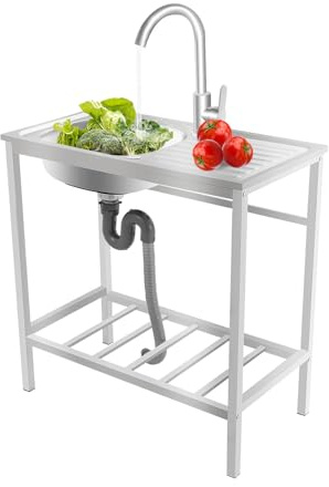 Fregadero independiente de acero inoxidable 75 × 40 × 75 cm con grifo y desagüe, gran lavabo de pie con superficie de trabajo y compartimento, robusto fregadero de cocina para cocina, jardín y