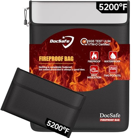 DocSafe Fireproof Document Bag (5200℉) with Fireproof Organizer Travel Case,Heat Insulated Fire&Water Resistant 8 Layers Safe Money Bag Storage for Important Documents,Cash,Power Bank,Valuables,Black