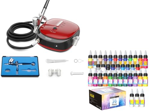 Oasser Mini Kit Aerografo,Professionale Airbrush con Compressore Unghie Aerografo Doppia Azione Set Vernici per Aerografo - 33 Colori con 3 Diluenti