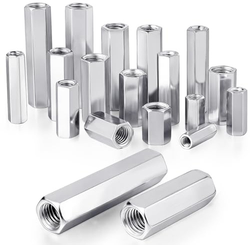 Dshunnc 16 tuercas largas M12 x 40 mm, manguito roscado de acero al carbono, tuercas hexagonales, tuercas de conexión galvanizadas, ideales para montaje de muebles, ingeniería, impresora 3D y