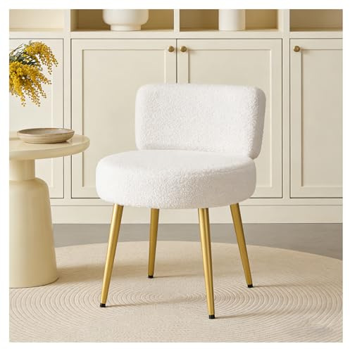 INMOZATA White Teddy Boucle Chair - Modern Upholstered Vanity Chair with Gold Metal Legs, Compact Armless Dressing Table Chair for Bedroom, Living Room & Dressing Room (White)