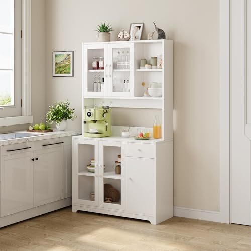 Dripex Küchenschrank 183 x 100 x 37 cm mit Arbeitsplatte, Weiß, für Küche | Buffetschrank mit Acrylglastüren, Schublade, offenen Fächern, 2 Haken, viel Stauraum