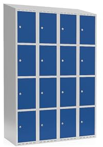kaiserkraft | 4er-Schließfachschrank Fydor | 4 Abteile | lichtGrau/Enzianblau | B 1200 mm | schräge Dachform | Zylinderschloss