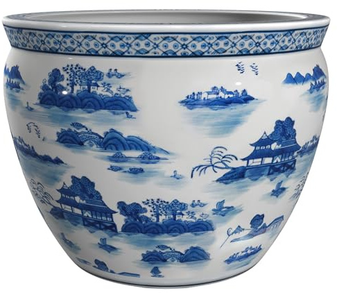 Red Lantern ORIENTAL Furniture 12 Landscape Blue & White Porcelain Fishbowl