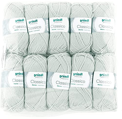 Gründl Wolle Classico - Dicke Wolle zum Stricken und Häkeln - Strickgarn - Weich und hautfreundlich - 50 % Merinowolle, 50 % Polyacryl - 10 Knäuel 50 g / 120 m - Nadelstärke 3,5 - 4,5 - hellgrau