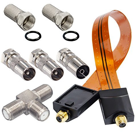 HB-DIGITAL Adapter-Set. 2 DVB-T/T2 Receiver mit nur Einer aktiven DVB-T/T2 Antenne betreiben. Inkl. Fensterdurchführung Gold. Für Terrestrische Antennen mit IEC-Stecker Ausgang (Kabelanschluss)