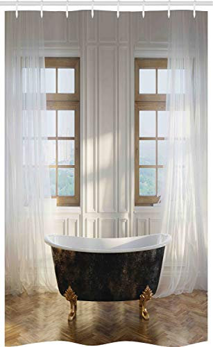 ABAKUHAUS Antiquität Schmaler Duschvorhang, Retro Badewanne Zimmer, Badezimmer Deko Set aus Stoff mit Haken, 120 x 180 cm, Weiß Schwarz Hellbraun