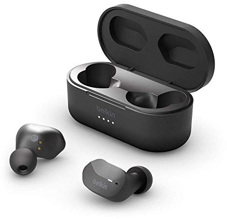 Belkin SoundForm True Wireless In-Ear-Kopfhörer (Bluetooth-Ohrhörer für iPhone, Geräte von Samsung u. Google, Touchbedienung, Ladecase, 24 Std. Abspielzeit, Geräuschisolierung, schweißfest) – Schwarz