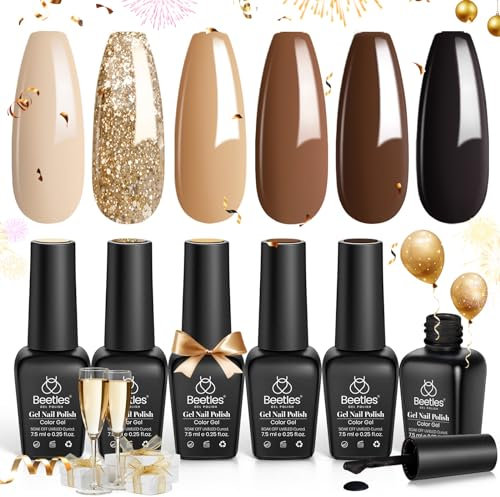 Beetles Gel esmalte de uñas conjunto, 6 colores Gel Polish Set lentejuelas oro chocolate marrón neutro beige caqui otoño gel uñas tostadas castaño diseño arte uñas regalo para las mujeres