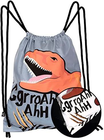 moses. 40237 Turnbeutel T-Rex l Sportbeutel mit Dinosaurier Motiv für Kinder l Reflektierende Sporttasche für mehr Sichtbarkeit in der Dunkelheit, grau, orange, einheitsgröße