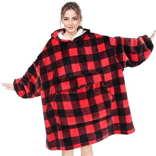 IvyH Hoodie Sweatshirt Decke, ÜBergröße Tragbare Sherpa Decke mit SchäDeldruck Warmes Gemütliches Bequemes Tragbares Kapuzenpullover für Erwachsene Männer Frauen Jugendliche (Rot und schwarz)