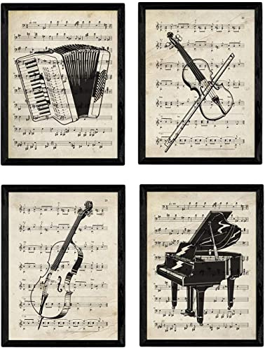Premium Set de 4 posters con motivos de música | Láminas para cuadros con ilustraciones vintage de instrumentos musicales | Violín, violonchelo, piano y acordeón /Tamaño A4 (21x29.7cm) con marco