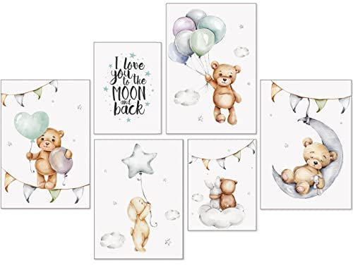 artpin® Poster Kinderzimmer Deko - Bilder Babyzimmer Junge Mädchen - Grau Mint Luftballon Teddy A3 – P80