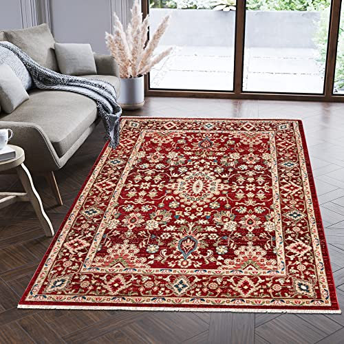 Mazovia Teppich Orientalisch Traditioneller Muster mit Fransen - Lebendige Farben, Baumwollrücken, Kurzflor Niedriger Flor - Rot 120 x 170 cm
