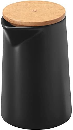 WMF Kineo Sahnekännchen mit Deckel 270 ml, Milchkännchen Steinzeug matt, Buchenholz, Sahnekanne, schwarz