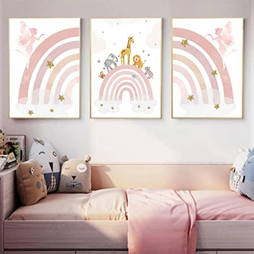 Sarah Duke 3er Set Poster Kinderzimmer, Regenbogen Tiere Fee Wandbilder Kinderposter, Ohne Rahmen Cartoon Leinwandbilder Kunst für Junge Mädchen (40 x 50 cm)