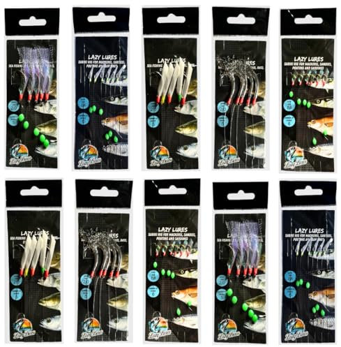 LAZY LURES 10 (2 x 5 Styles) Ready to Use Pre Tied Boat Sea and Shore Fishing Feathers Rig for Mackerel, Pollock, Cod and Bass
