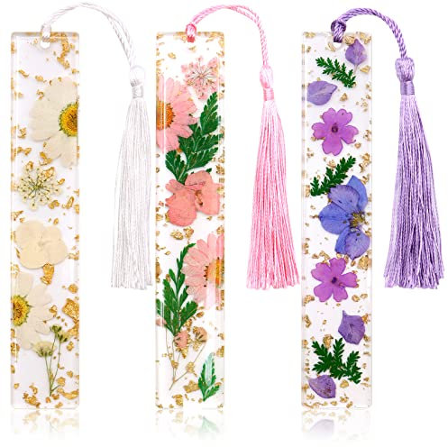 3 Stück gepresste Blume Lesezeichen für Frauen Männer, VEGCOO Transparente Blumen Harz Lesezeichen Getrocknete Blume Page Maker mit Quaste für Lehrer Studenten Leser Geburtstagsgeschenk