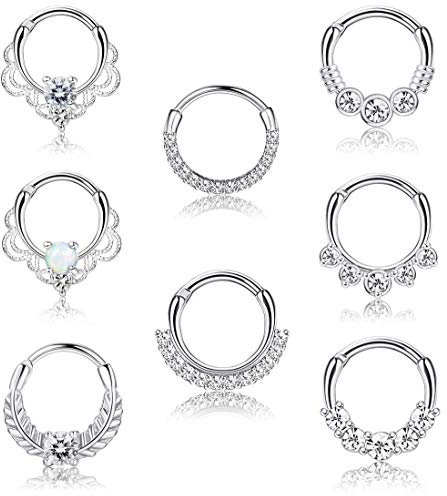 Morfetto 8 STÜCK 16G Septum Clicker Ring Edelstahl CZ Opal Knorpel Helix Tragus Hoop Daith Ohrringe Nase Ringe Reifen Hinged Segment Clicker Ring Piercing Schmuck Silber 10MM