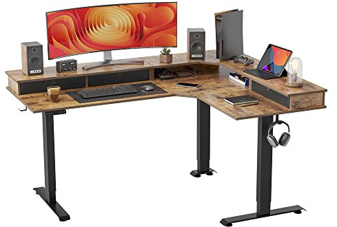 FEZIBO DREI Motoren Schreibtisch Höhenverstellbar Elektrisch mit 3 obere Schublade, L Form Stehpult, Links und rechts austauschbar, 160 x 120 cm eckschreibtisch, Schwarz Rahmen/Braun Tischplatte