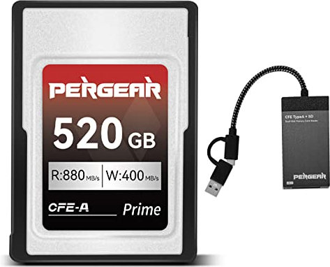 PERGEAR Professional 520GB CFexpress Type A Memory Card, Up to 880MB/s Read Speed & 900MB/s Write Speed for 4K 120P, 8K 30P Recording, with Card Reader, Compatible for Sony Alpha & FX Series Cameras