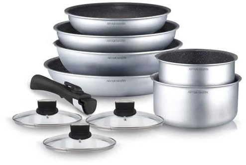 Arthur Martin AM167S Batterie de cuisine amovible 10 pièces Aluminium revêtement anti adhérent Poignée amovible tous feux dont induction